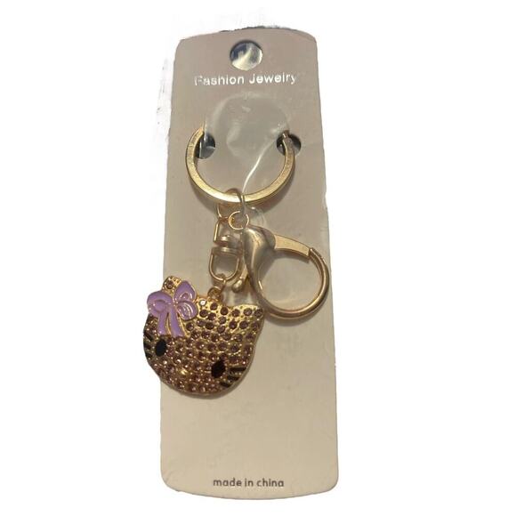 Kitty Keychain Handbag Charm Rhinestones Bow - Picture 1 of 1
